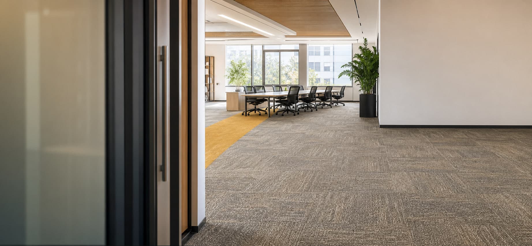 Modern commercial office with gray carpet tile and a yellow accent path