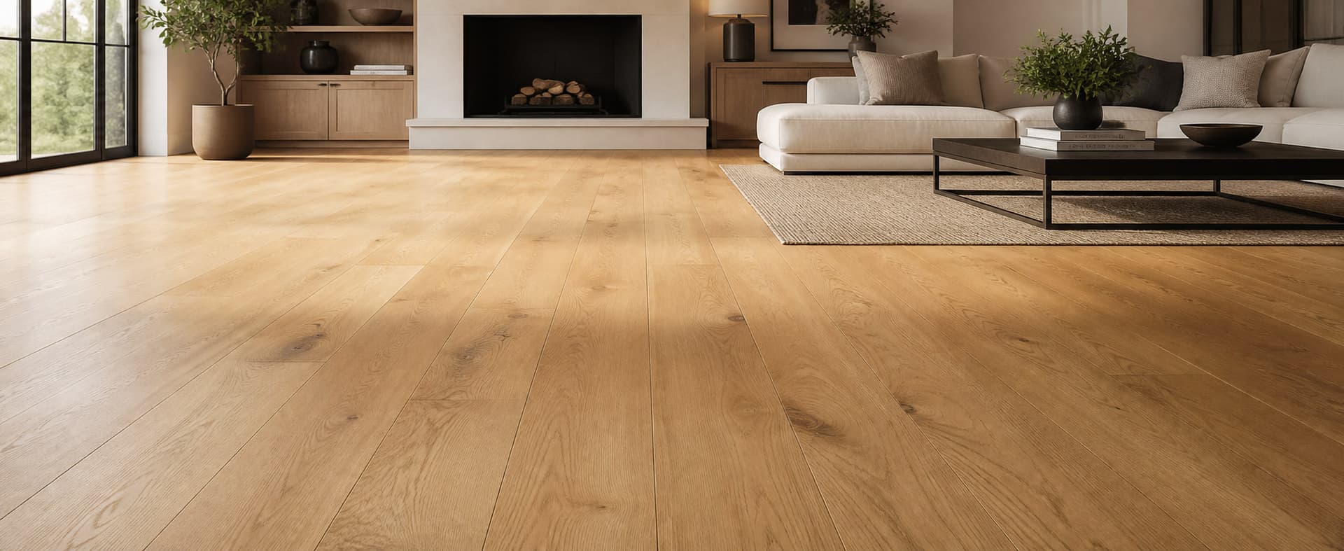 Contemporary living room with wide-plank oak flooring