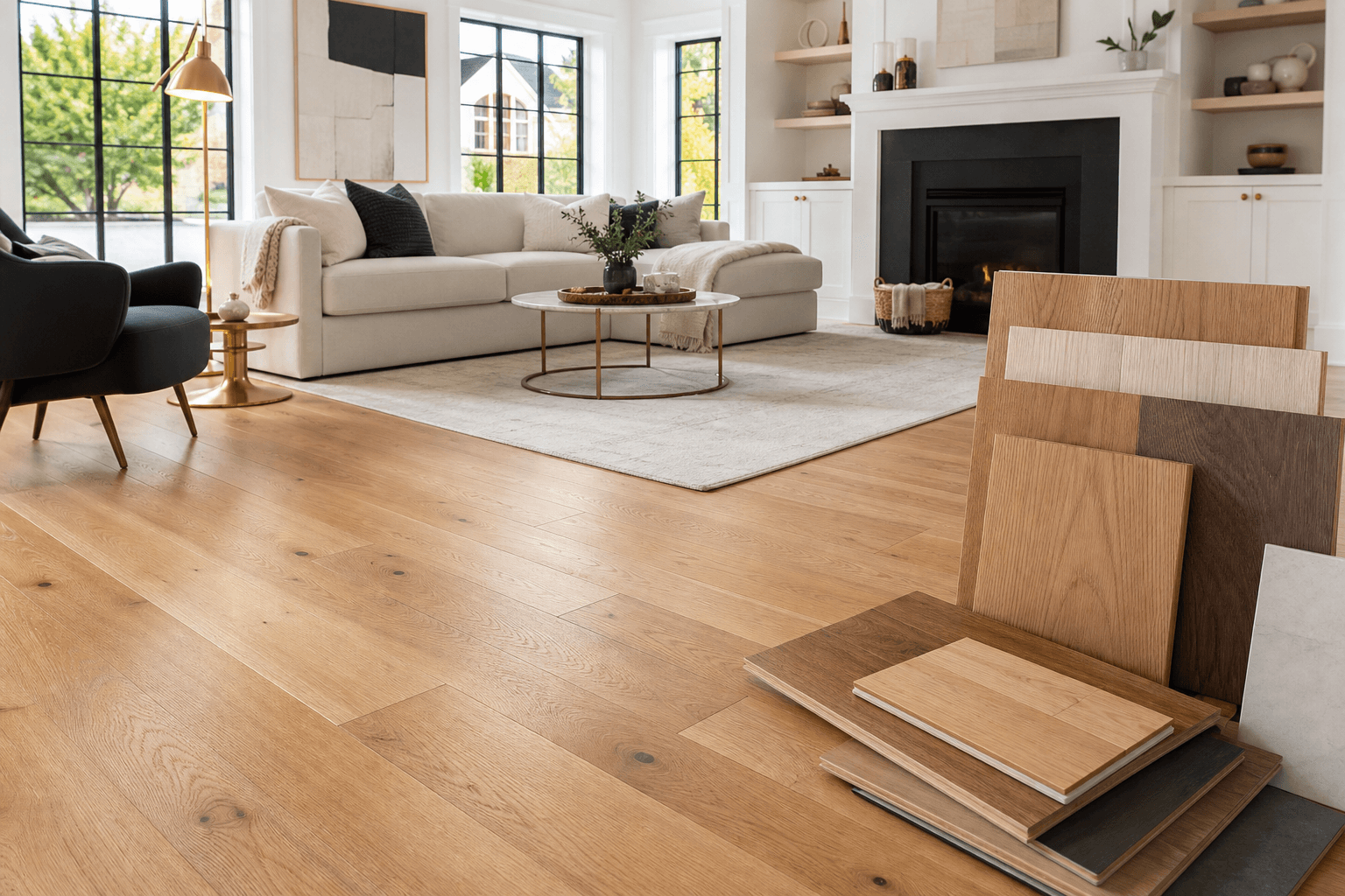 Warm hardwood flooring with flooring samples in a bright living room