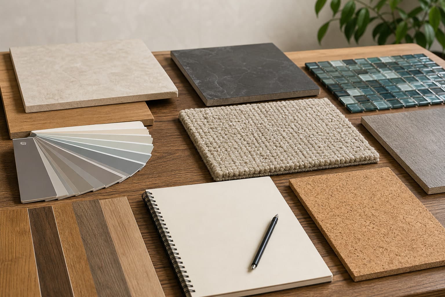 Flooring materials and color samples arranged on a consultation table
