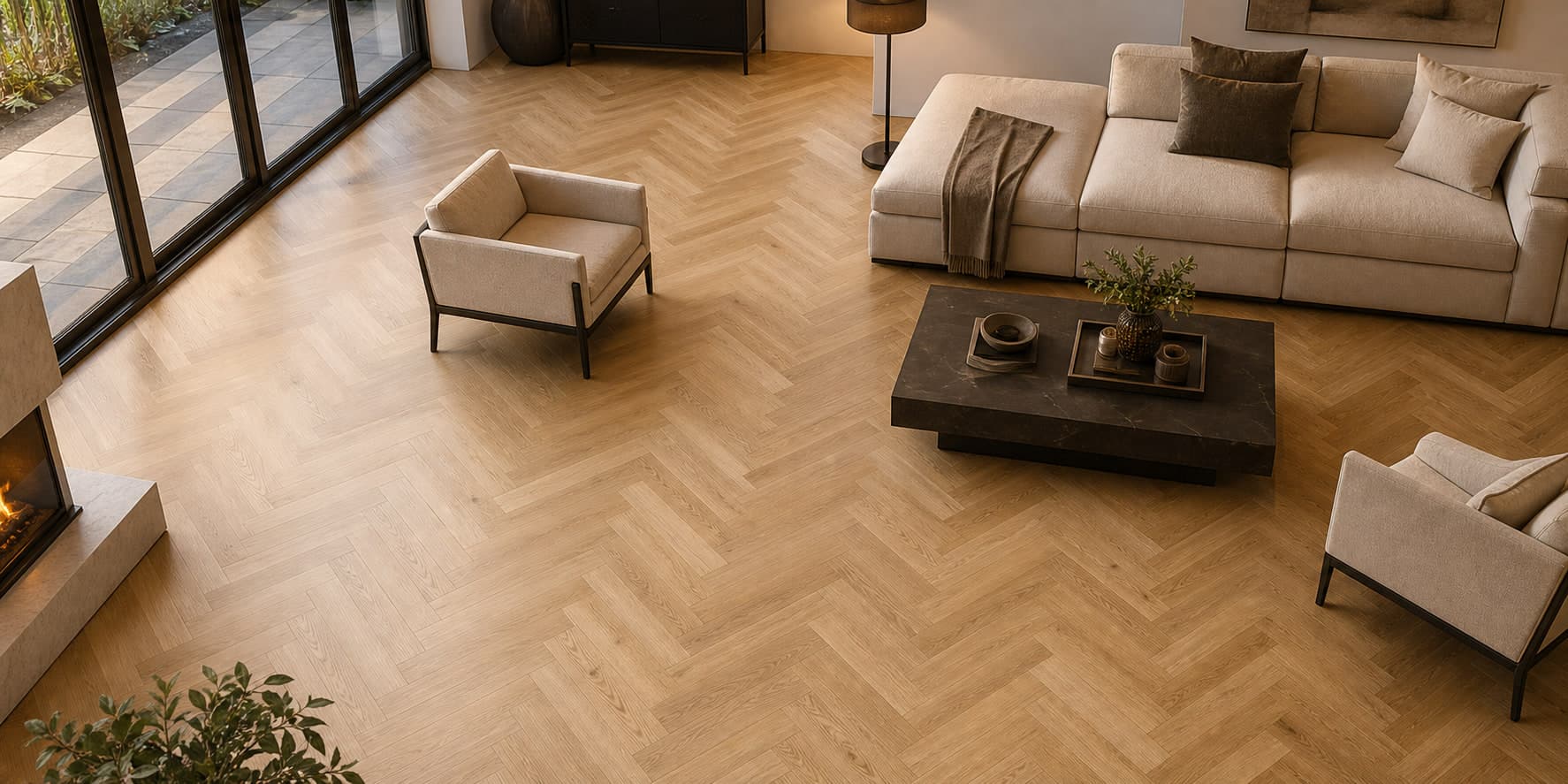 Elegant living room with light oak herringbone flooring