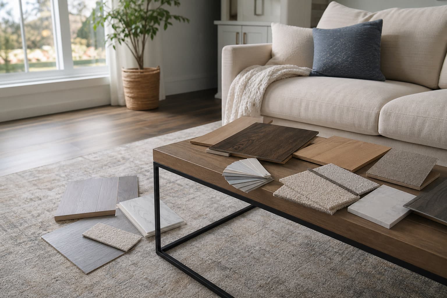 Flooring samples arranged in a bright residential living room
