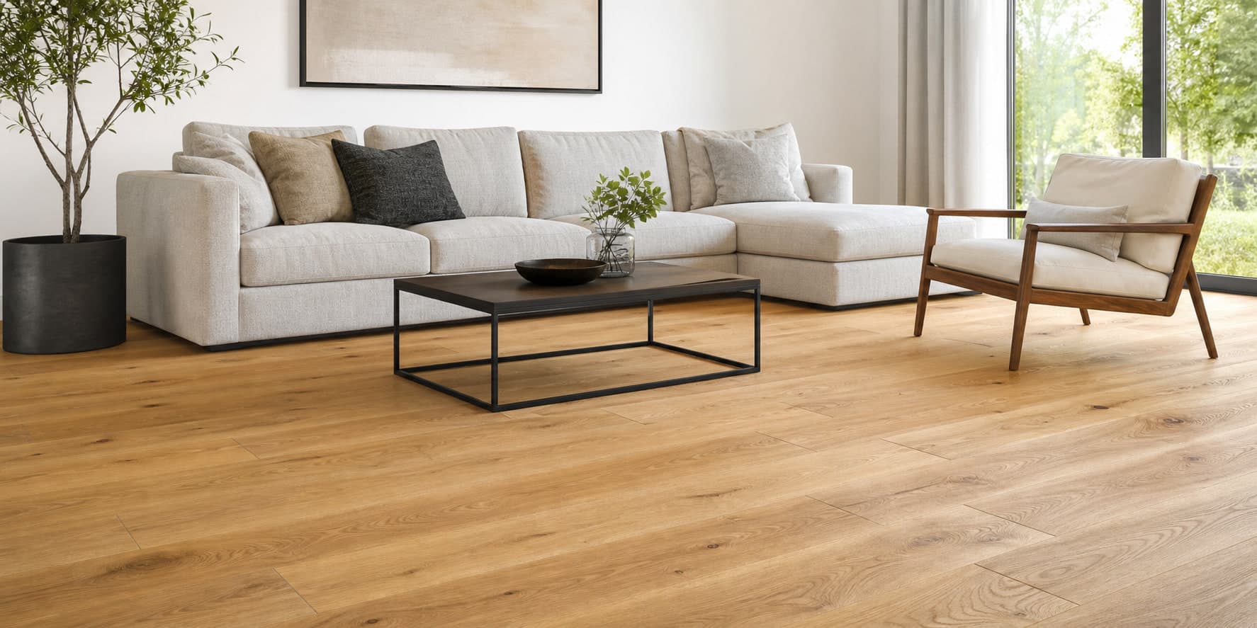 Living room with warm hardwood plank flooring
