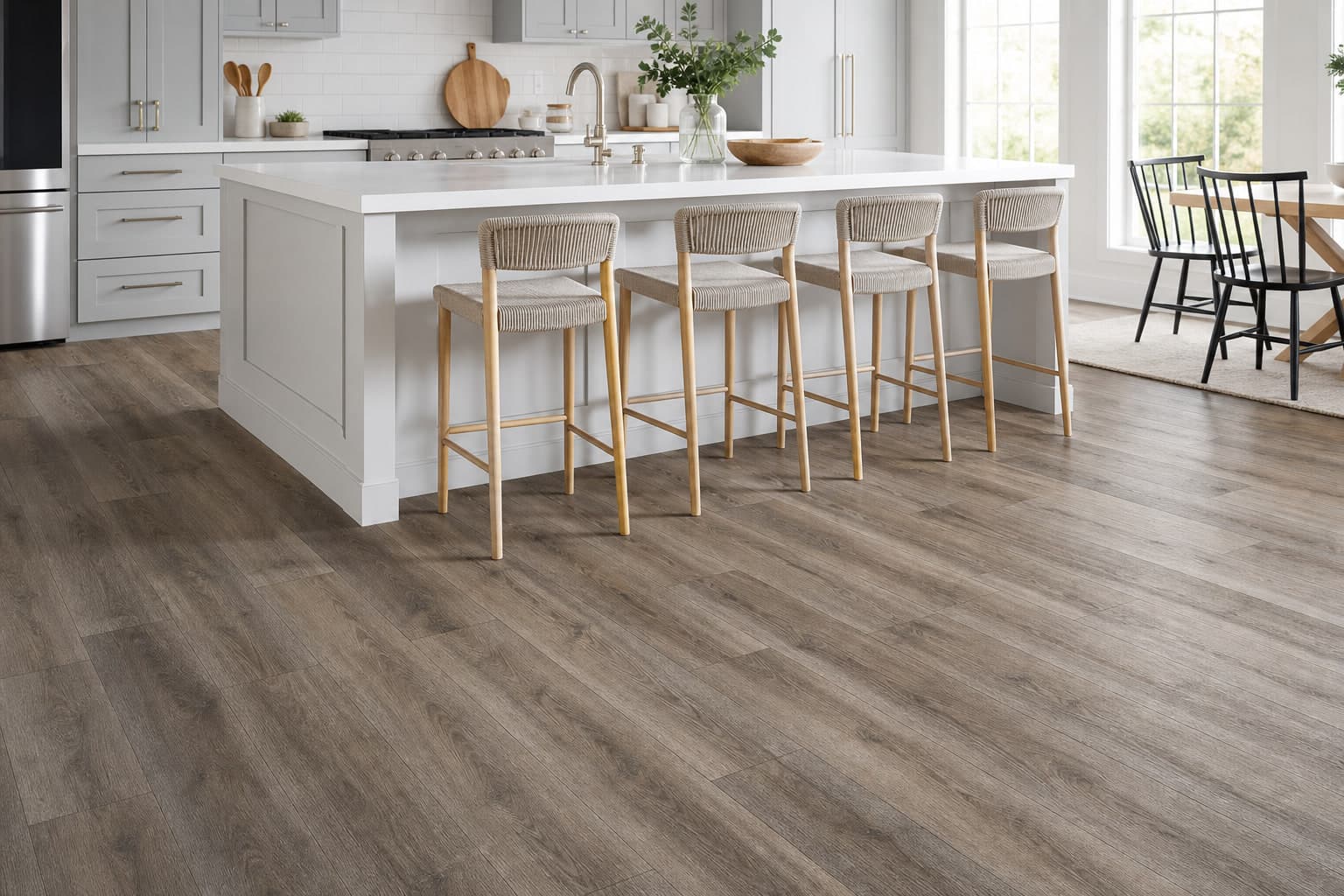 Open kitchen with gray-brown laminate plank flooring