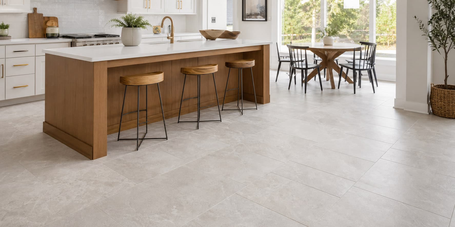 Bright kitchen with light tile flooring